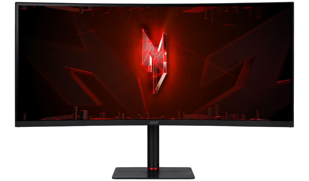 Monitor ACER Nitro XV345CURX0BMIIPPHX 34 cale 3440x1440px 200Hz 0.5 ms [GTG] Curved prezentacja monitora na białym tle od przodu HDR10 200 Hz 0,5 ms GTG FreeSync Premium zastosowanie do gier grafiki pracy krzywizna 1000R komfort