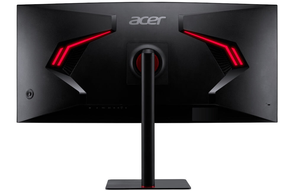 Monitor ACER Nitro XV345CURX0BMIIPPHX 34 cale 3440x1440px 200Hz 0.5 ms [GTG] Curved prezentacja monitora od tyłu na białym tle VESA 100 mm łatwe stabilne przymocowanie oszczędność miejsca uchwyt biurkowy VESA zwiększa powierzchnię roboczą dopasowanie ustawienia ekranu organizacja pracy