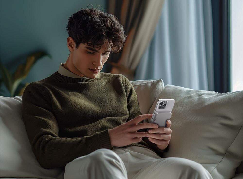 CELLLINE MagSafe Maksymalna moc wyjściowa 15 W QC układów elektroniki Obudowa z aluminium i ABS titanium grey powerbank przyczepiony do telefonu trzymanego w ręku