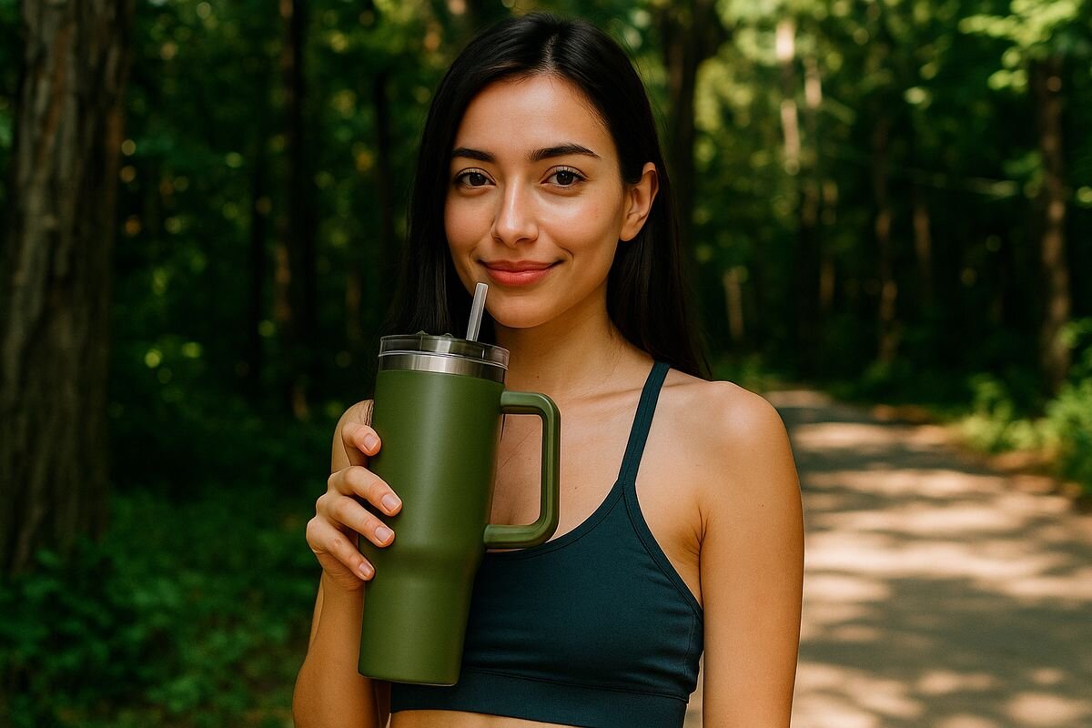 Kubek termiczny BLACK FOREST zielony 1200 ml, kubek, termiczny, napoje, podróż, kobieta trzyma kubek w ręku, w tle las