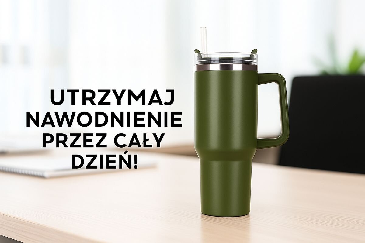 Kubek termiczny BLACK FOREST zielony 1200 ml, samochód, biuro, zakrętka, ustnik, kubek stoi na biurku pracowniczym, w tle napis utrzymuj nawodnienie