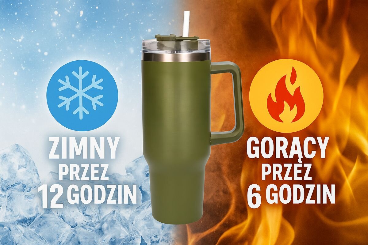 Kubek termiczny BLACK FOREST zielony 1200 ml, wycieczka, trening, oszczędność, wygoda, wizualizacja zastosowania ciepła i zimna w kubku