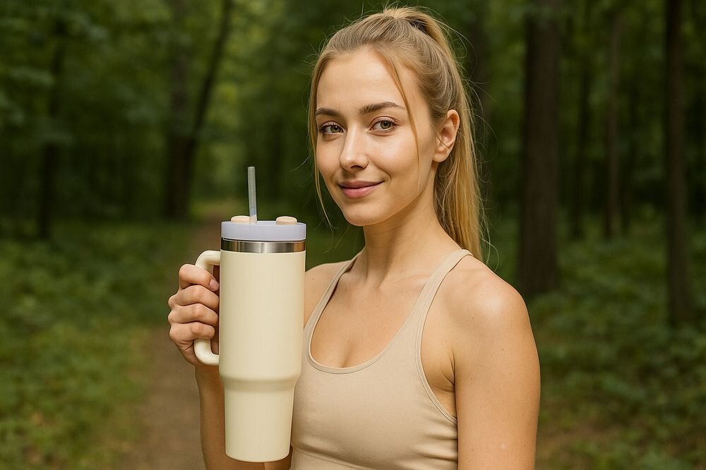 Kubek termiczny BLACK FOREST Beżowy 1200 ml, kubek, termiczny, napoje, podróż, kobieta trzyma kubek w ręku, w tle las