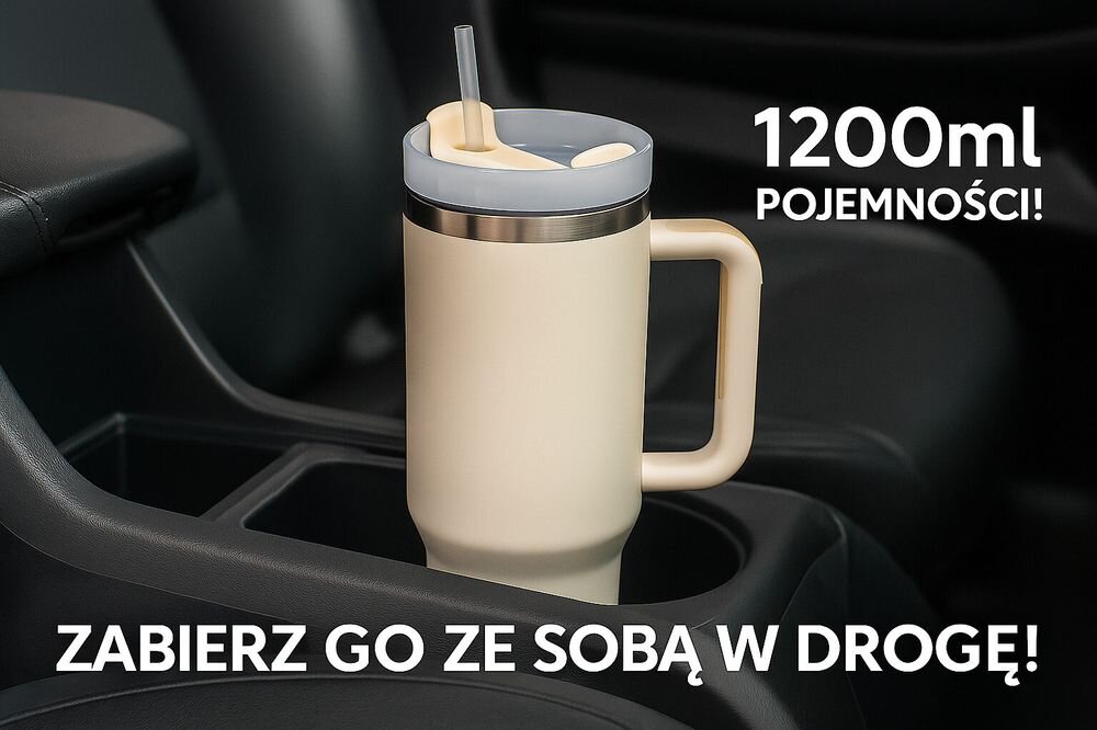 Kubek termiczny BLACK FOREST Beżowy 1200 ml, pojemność, stal, kawa, herbata, kubek stoi na stojaku samochodowym z opisem 1200ml pojemności