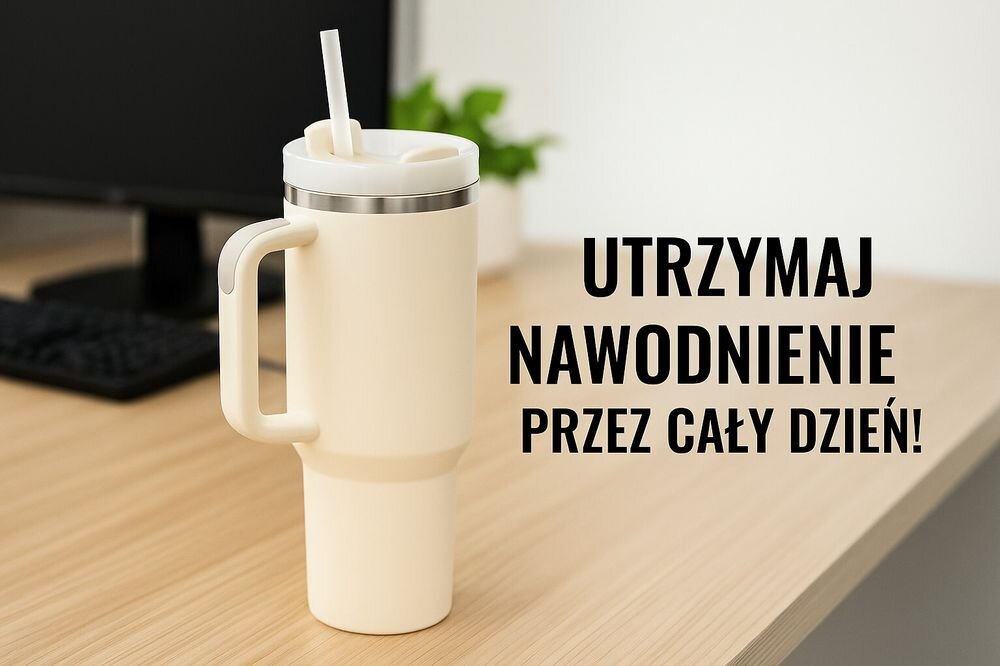 Kubek termiczny BLACK FOREST Beżowy 1200 ml, samochód, biuro, zakrętka, ustnik, kubek stoi na biurku pracowniczym, w tle napis utrzymuj nawodnienie
