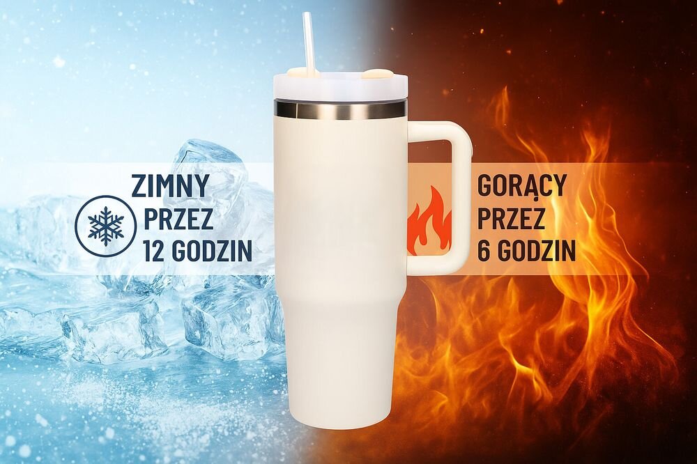 Kubek termiczny BLACK FOREST Beżowy 1200 ml, wycieczka, trening, oszczędność, wygoda, wizualizacja zastosowania ciepła i zimna w kubku