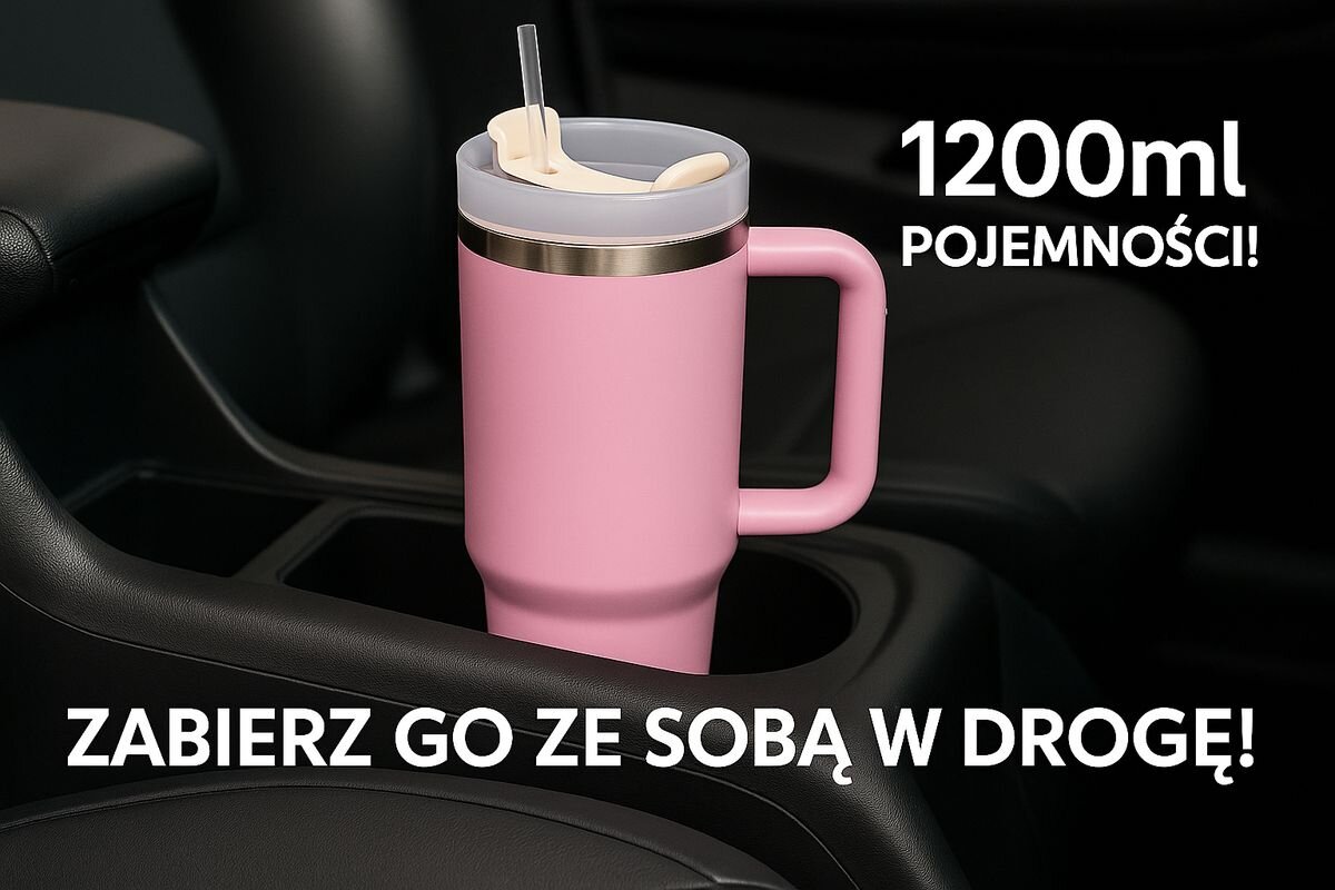 Kubek termiczny BLACK FOREST różowy 1200 ml, pojemność, stal, kawa, herbata, kubek stoi na stojaku samochodowym z opisem 1200ml pojemności