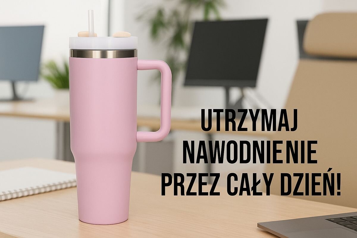 Kubek termiczny BLACK FOREST różowy 1200 ml, samochód, biuro, zakrętka, ustnik, kubek stoi na biurku pracowniczym, w tle napis utrzymuj nawodnienie