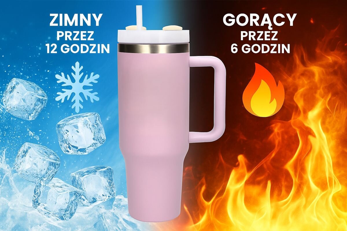 Kubek termiczny BLACK FOREST różowy 1200 ml, wycieczka, trening, oszczędność, wygoda, wizualizacja zastosowania ciepła i zimna w kubku