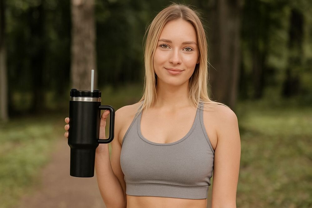 Kubek termiczny BLACK FOREST Czarny 1200 ml, kubek, termiczny, napoje, podróż, kobieta trzyma kubek w ręku, w tle las