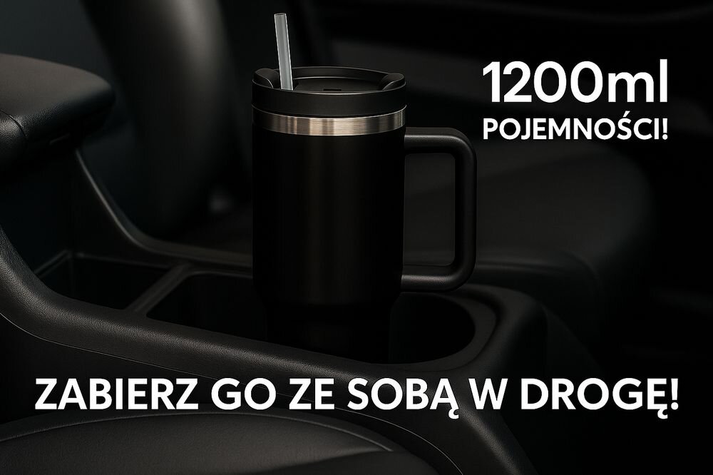 Kubek termiczny BLACK FOREST Czarny 1200 ml, pojemność, stal, kawa, herbata, kubek stoi na stojaku samochodowym z opisem 1200ml pojemności