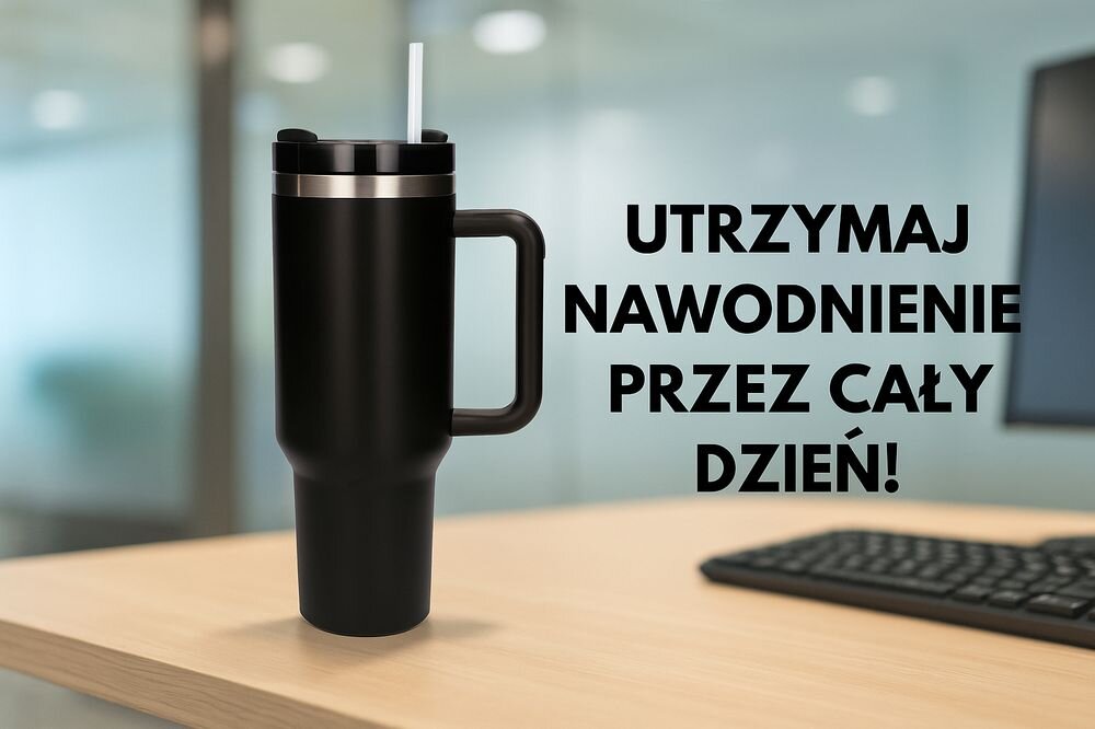 Kubek termiczny BLACK FOREST Czarny 1200 ml, samochód, biuro, zakrętka, ustnik, kubek stoi na biurku pracowniczym, w tle napis utrzymuj nawodnienie