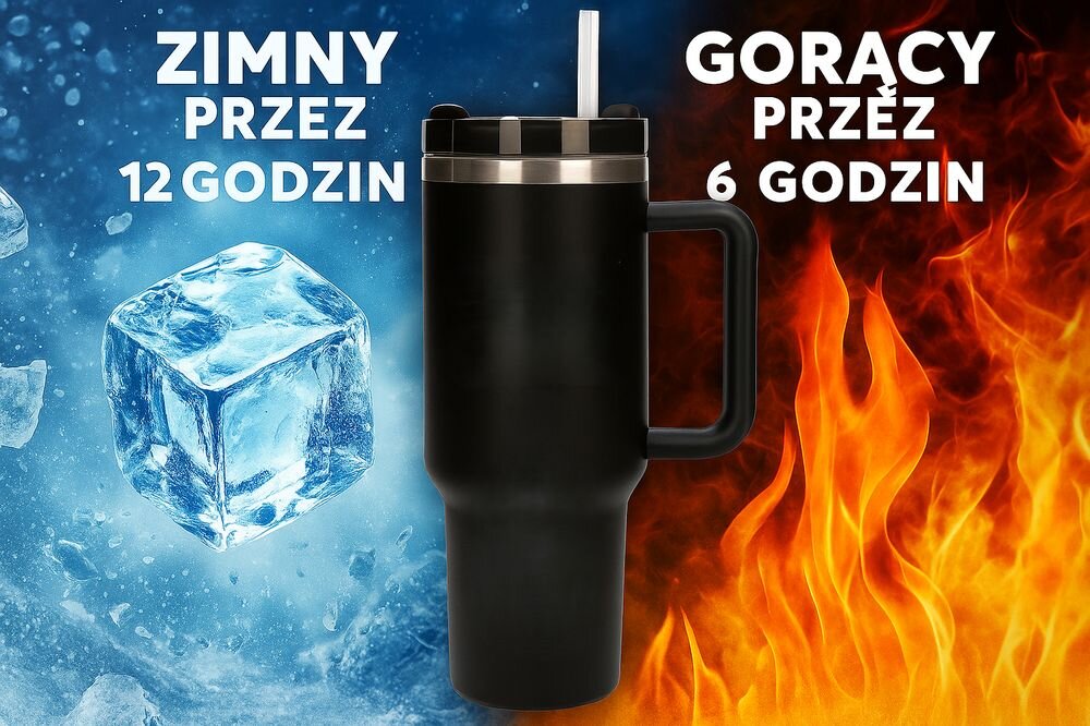 Kubek termiczny BLACK FOREST Czarny 1200 ml, wycieczka, trening, oszczędność, wygoda, wizualizacja zastosowania ciepła i zimna w kubku