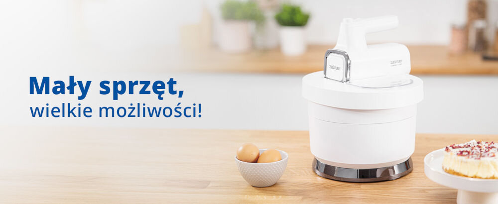 Mikser ZELMER Compact Chef ZHM2759 wielkie możliwości biały mikser misa srebrne elementy urządzenie stoi na blacie obok w misce jajka