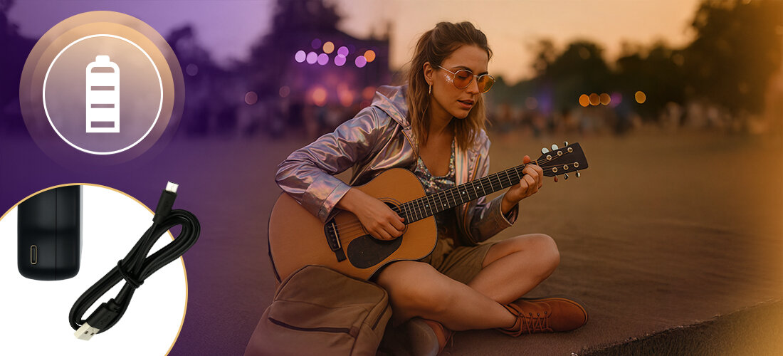 Automatyczny stroik tuner gitarowy MUSICMATE MM-AG100 AutoTuneX nawijarka strun szybka wymiana, osoba siedząca na piasku z gitarą w rękach