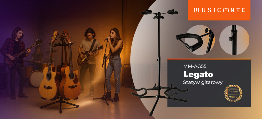 Statyw gitarowy MUSICMATE MM-AG55 Legato wzmocnienie przestrzeni muzycznej komfort, statyw z zawieszonymi trzema gitarami na środku pomieszczenia