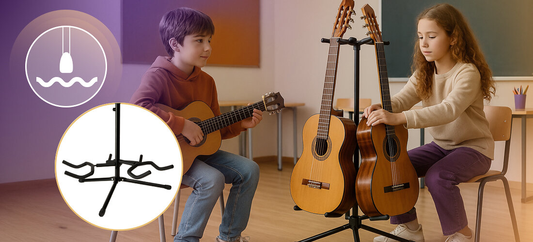 Statyw gitarowy MUSICMATE MM-AG55 Legato trzy gitary antypoślizgowa podstawa pianka ochronna, statyw z zawieszonymi gitarami, dziecko grające na gitarze