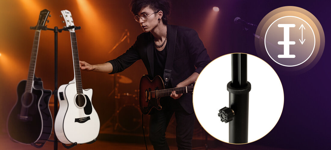 Statyw gitarowy MUSICMATE MM-AG55 Legato stabilność ochrona instrumentów pianka amortyzacja, statyw z zawieszonymi gitarami, muzyk wyciągający rękę po gitarę