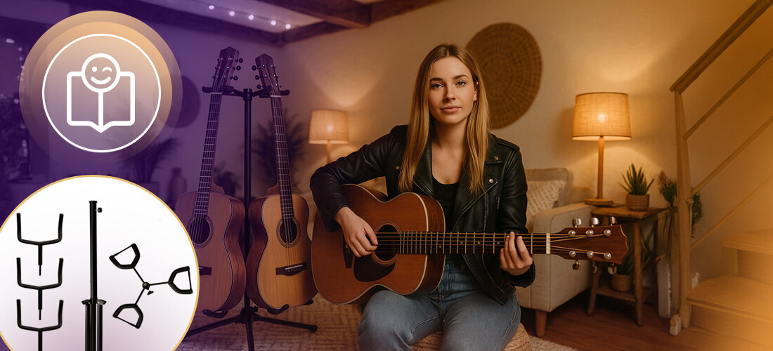 Statyw gitarowy MUSICMATE MM-AG55 Legato regulacja wysokości ergonomia komfort, osoba z gitarą w rękach