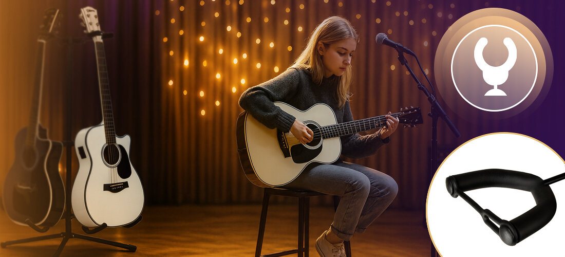 Statyw gitarowy MUSICMATE MM-AG55 Legato lekka konstrukcja transport stabilność, osoba z gitarą w rękach siedząca na scenie