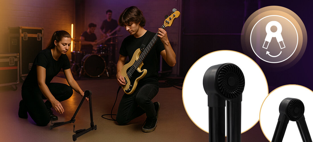 Statyw gitarowy MUSICMATE MM-A300 Largo regulowany stojak dopasowany do różnych gitar, osoba rozstawiająca statyw na podłodze