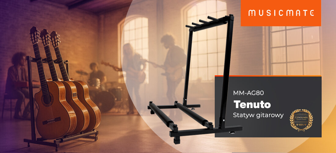 Statyw gitarowy MUSICMATE MM-AG80 Tenuto baw się muzyką komfort pasja, statyw z trzema gitarami stojący w pomieszczeniu