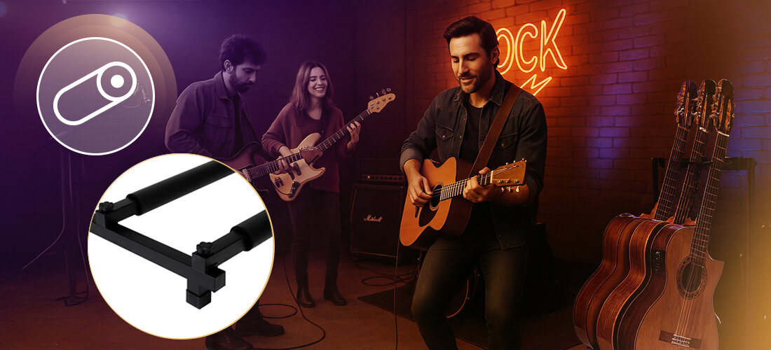 Statyw gitarowy MUSICMATE MM-AG80 Tenuto trzy gitary pianka ochronna antypoślizgowe nóżki, statyw z trzema gitarami stojący na scenie