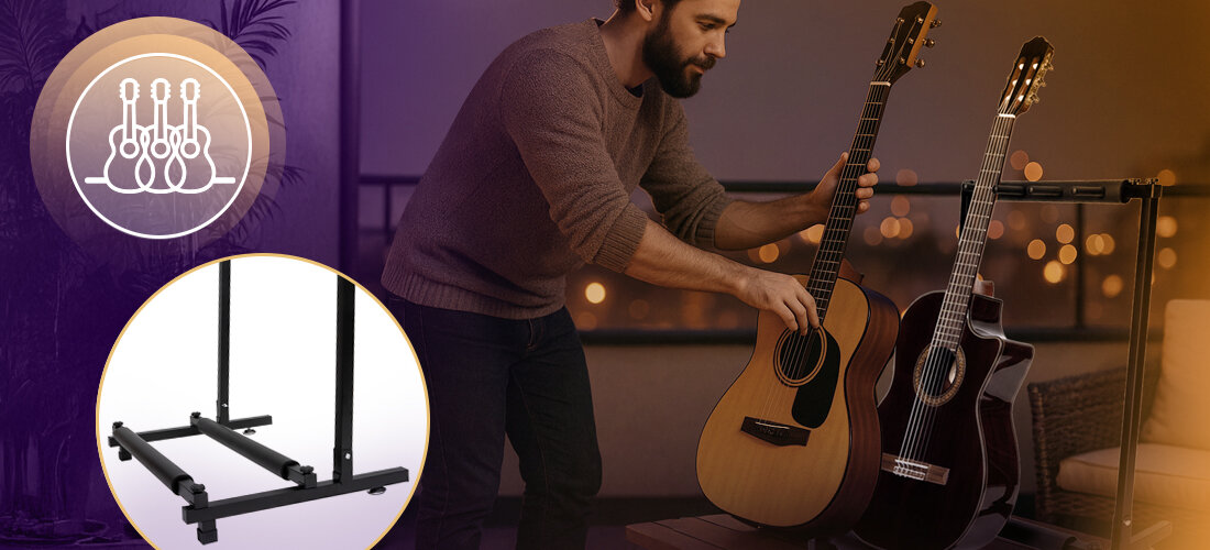 Statyw gitarowy MUSICMATE MM-AG80 Tenuto składany transport mobilność wygoda, osoba odkładająca gitartę na statyw