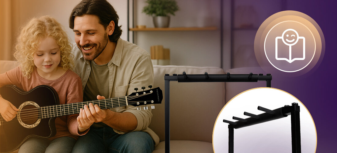 Statyw gitarowy MUSICMATE MM-AG80 Tenuto stabilna wytrzymała konstrukcja trzy gitary, rodzic z dzieckiem grający na gitarze