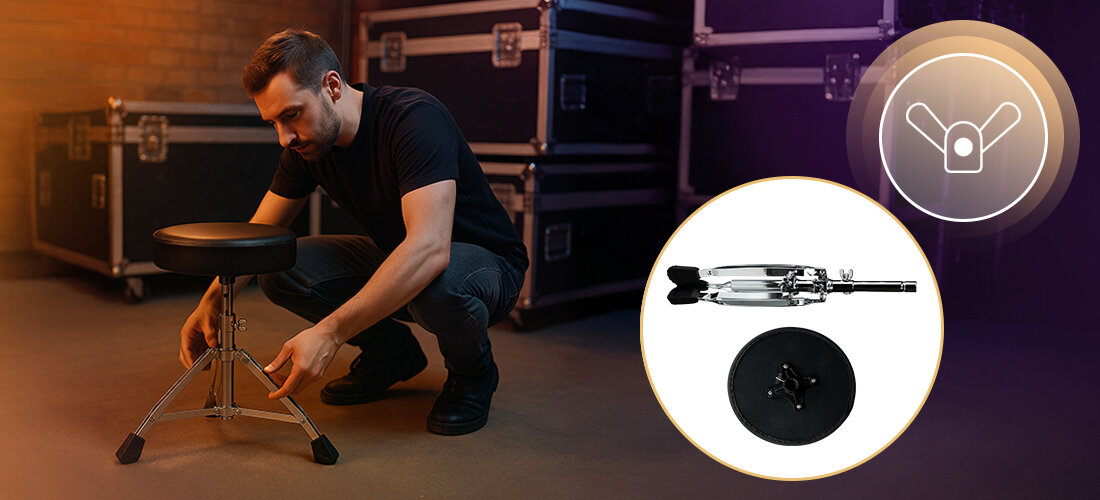 Stołek dla perkusisty MUSICMATE MM-K40 DrumChair regulacja wysokości komfort gry, osoba kucająca przy stołku