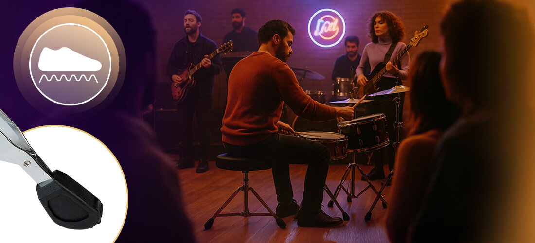 Stołek dla perkusisty MUSICMATE MM-K40 DrumChair składana konstrukcja i mobilność, osoba siedząca na stołku przy perkusji na scenie