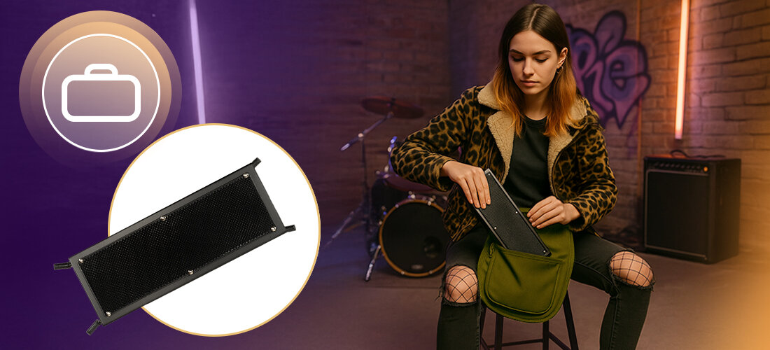 Podnóżek gitarowy MUSICMATE MM-AG60 StringsStep stal wytrzymałość lekkość transport, osoba siedząca na taborecie wyciągająca podnóżek z plecaka