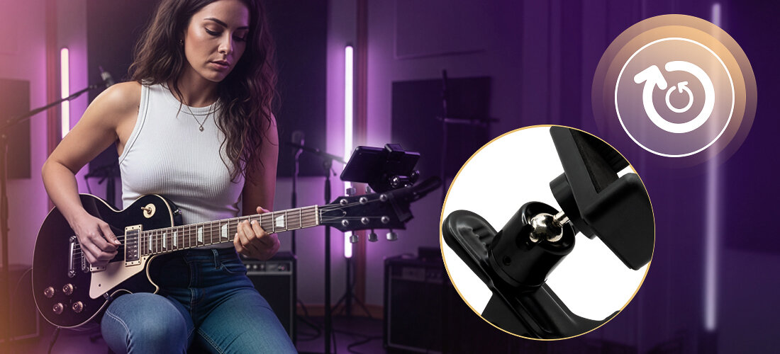 Uchwyt gitarowy do smartfona MUSICMATE MM-AG40 TabMount regulowane mocowanie, uchwyt przymocowany do gitary, osoba grająca na gitarze