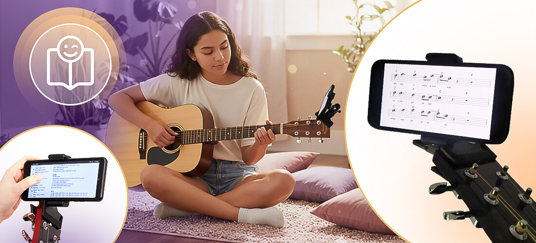 Uchwyt gitarowy do smartfona MUSICMATE MM-AG40 TabMount regulacja kąta widzenia, uchwyt przymocowany do gitary, osoba grająca na gitarze