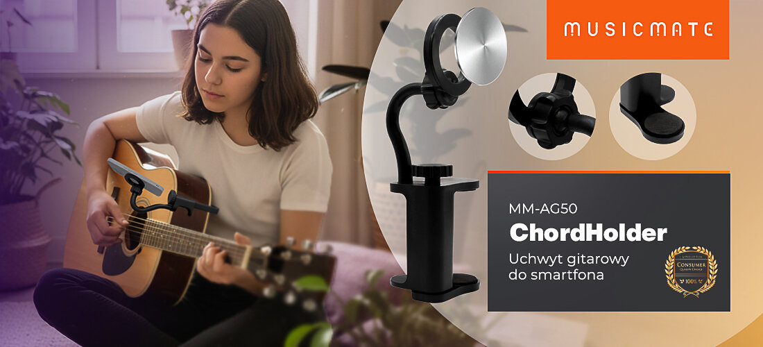 Uchwyt gitarowy do smartfona MUSICMATE MM-AG50 ChordHolder wygoda gry kontrola ekranu, osoba grająca na gitarze z przymocowanym uchwytem gitarowym