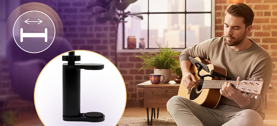 Uchwyt gitarowy do smartfona MUSICMATE MM-AG50 ChordHolder regulowane mocowanie wygodne ćwiczenia, osoba grająca na gitarze z przymocowanym uchwytem gitarowym