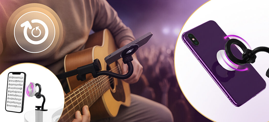 Uchwyt gitarowy do smartfona MUSICMATE MM-AG50 ChordHolder szeroka regulacja stabilne trzymanie, osoba grająca na gitarze z przymocowanym uchwytem gitarowym