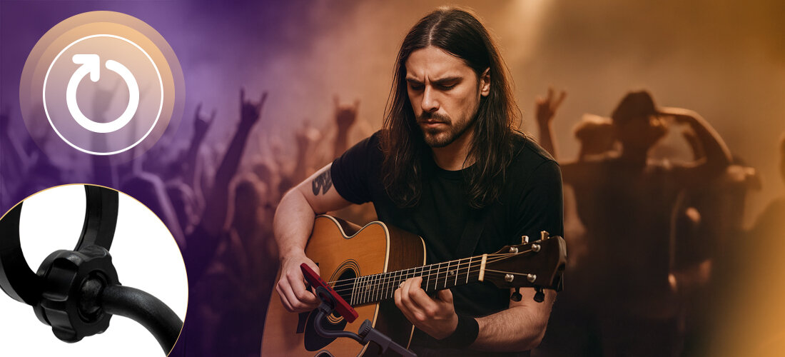 Uchwyt gitarowy do smartfona MUSICMATE MM-AG50 ChordHolder ochrona instrumentu magnetyczne mocowanie, osoba grająca na gitarze z przymocowanym uchwytem gitarowym