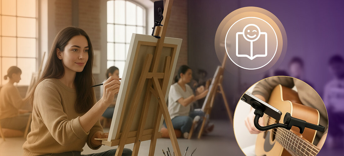 Uchwyt gitarowy do smartfona MUSICMATE MM-AG50 ChordHolder regulacja kąta widoczny ekran, osoba malująca obraz z przyczepionym uchytem do sztlugi