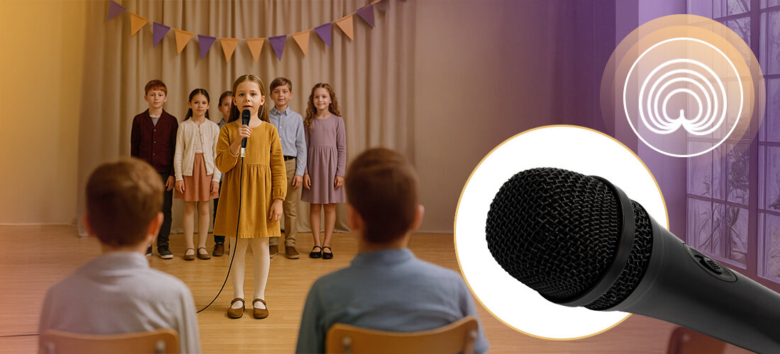 MUSICMATE MM-50 SimplyVoice mikrofon niski poziom szumów czysty dźwięk nagrania karaoke, dzieci stojące na scenie, dziecko trzymające mikrofon w ręku