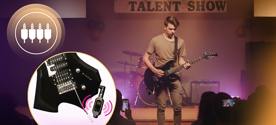 Transmiter bezprzewodowy MUSICMATE MM-A400 AirXLR akumulator 1000 mAh 8 godzin pracy ładowanie USB 5V, osoba grająca na gitarze na scenie