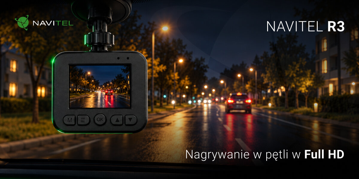 NAVITEL R3 NAVITEL R3 Full HD 1920 × 1080 przy 30 klatkach na sekundę MOV (H.264) microSD o pojemności do 64 GB nagrywania w pętli 1, 3 lub 5 minut nadpisuje najstarsze niezabezpieczone nagrania wbudowany G-sensor - Tylny ekran kamery samochodowej zamontowanej na przedniej szybie z podglądem nocnej drogi osiedlowej
