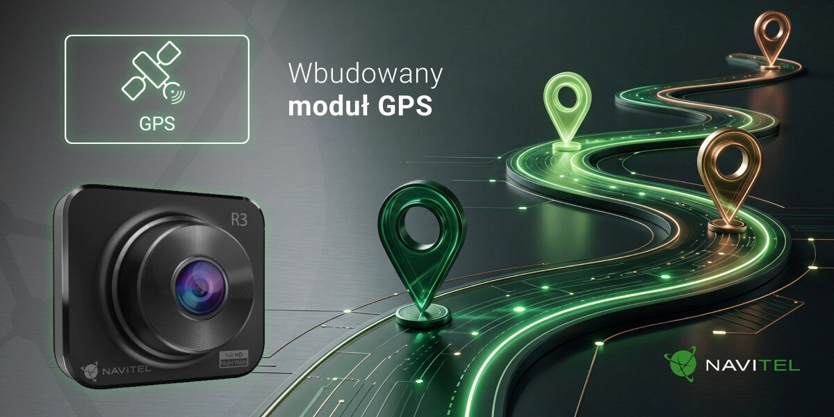 NAVITEL R3 Wbudowany moduł GPS NAVITEL R3 lokalizację samochodu informacje o jego prędkości podczas rozmowy z ubezpieczycielem jako materiał dowodowy - Frontowa część rejestratora trasy przedstawiona obok krętej drogi z zielonymi znacznikami lokalizacji