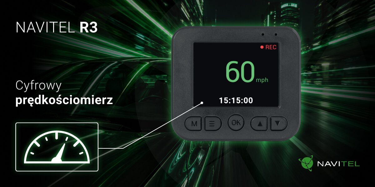 NAVITEL R3 NAVITEL R3 cyfrowego prędkościomierza informację o prędkości jazdy ekranie modułem GPS - Ekran kamery samochodowej wyświetlający cyfrowy prędkościomierz na tle nocnej przestrzeni miejskiej