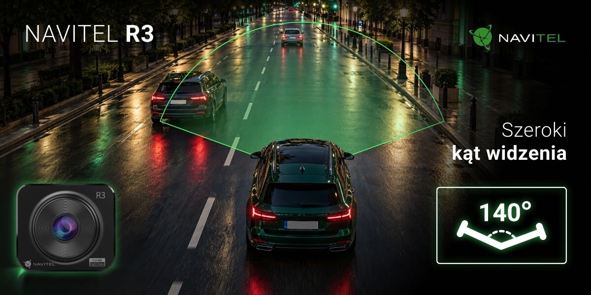 NAVITEL R3 Obiektyw o kącie widzenia 140° drogę przed samochodem część sąsiednich pasów i pobocza NAVITEL R3 - Grafika przedstawiająca szeroki kąt pola widzenia kamery zamontowanej w pojeździe jadącym nocą