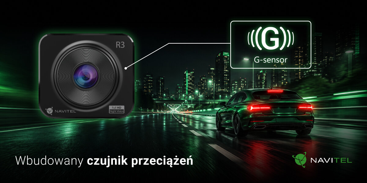 NAVITEL R3 Wbudowany G-sensor przeciążenia towarzyszące gwałtownym zdarzeniom drogowym zabezpieczyć bieżące nagranie NAVITEL R3 tryb parkingowy czujnik ruchu - Rejestrator trasy z akcentowanym obiektywem i oznaczeniem czujnika na tle samochodu jadącego nocą
