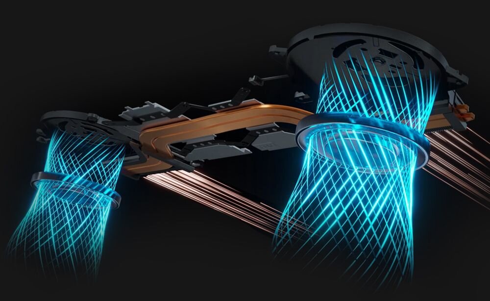 System chłodzenia ASUS IceCool z dwoma wentylatorami rurkami cieplnymi i miedzianymi przewodami w czarnej obudowie na czarnym tle - System chłodzenia IceCool 