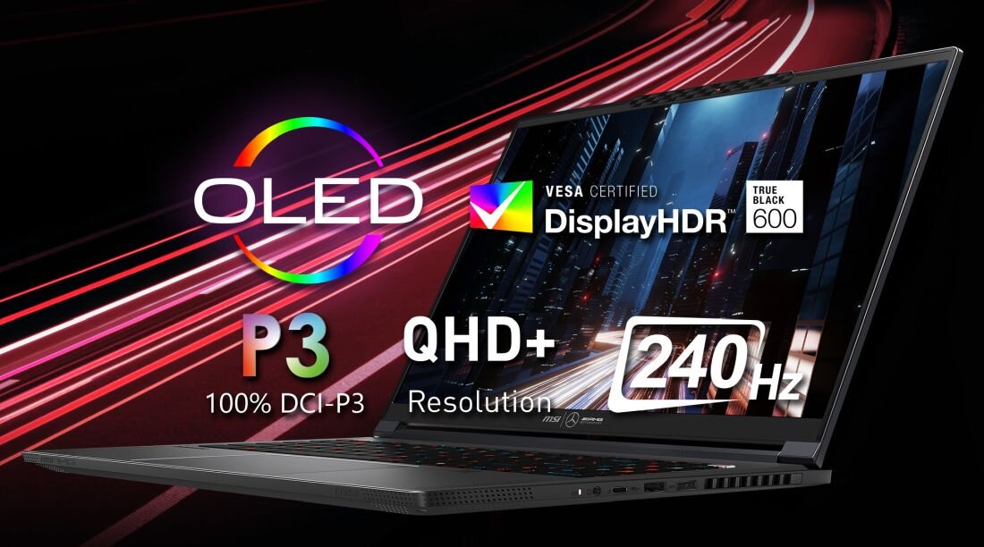 MSI Stealth laptop z wyświetlaczem OLED QHD+ 240Hz na dynamicznym tle z kolorowymi efektami prędkości, prezentującym certyfikację VESA DisplayHDR True Black 600, rozdzielczość 2560x1600, pokrycie kolorów 100% DCI-P3, czas reakcji 0.03ms, jasność szczytową 1000 nitów i technologię OLED z samoświecącymi pikselami dla immersyjnego gamingu.- QHD+ (2560 x 1600 px) OLED odświeżanie 240 Hz