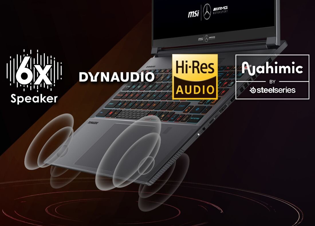  MSI Stealth gaming laptop z systemem audio Dynaudio i logami Mercedes-AMG na brązowo-czarnym tle z efektami dźwiękowymi, prezentującym system 6 głośników z technologią Hi-Res Audio, sygnatury magnetyczne tweeterów MSP, optymalizację DSP dla pozycjonowania w przestrzeni, audio Nahimic by SteelSeries z 7.1 surround sound i częstotliwość próbkowania 192kHz dla audiofila - Sześciogłośnikowy system audio Dynaudio 