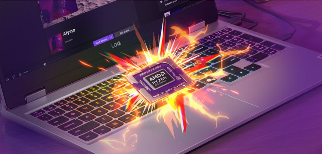 Laptop Lenovo LOQ 15AHP10 z procesorem AMD Ryzen, dynamiczna wizualizacja mocy procesora na klawiaturze, ekran z aplikacją do streamingu gier. - Opis serii Lenovo LOQ 